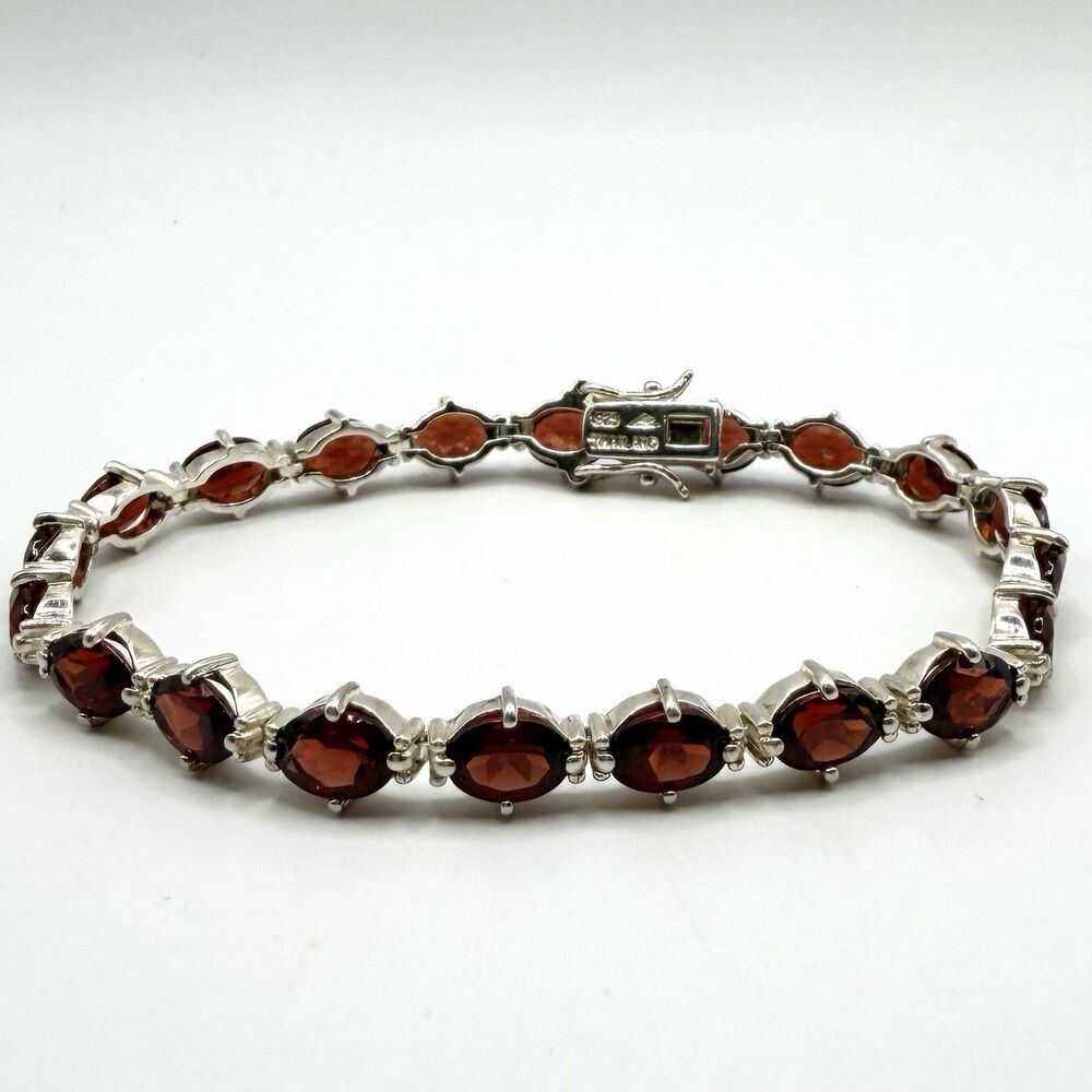 925 Sterling Silver Thailand Garnet Oval Tennis Bracelet 14g Red Gemstone 7"
